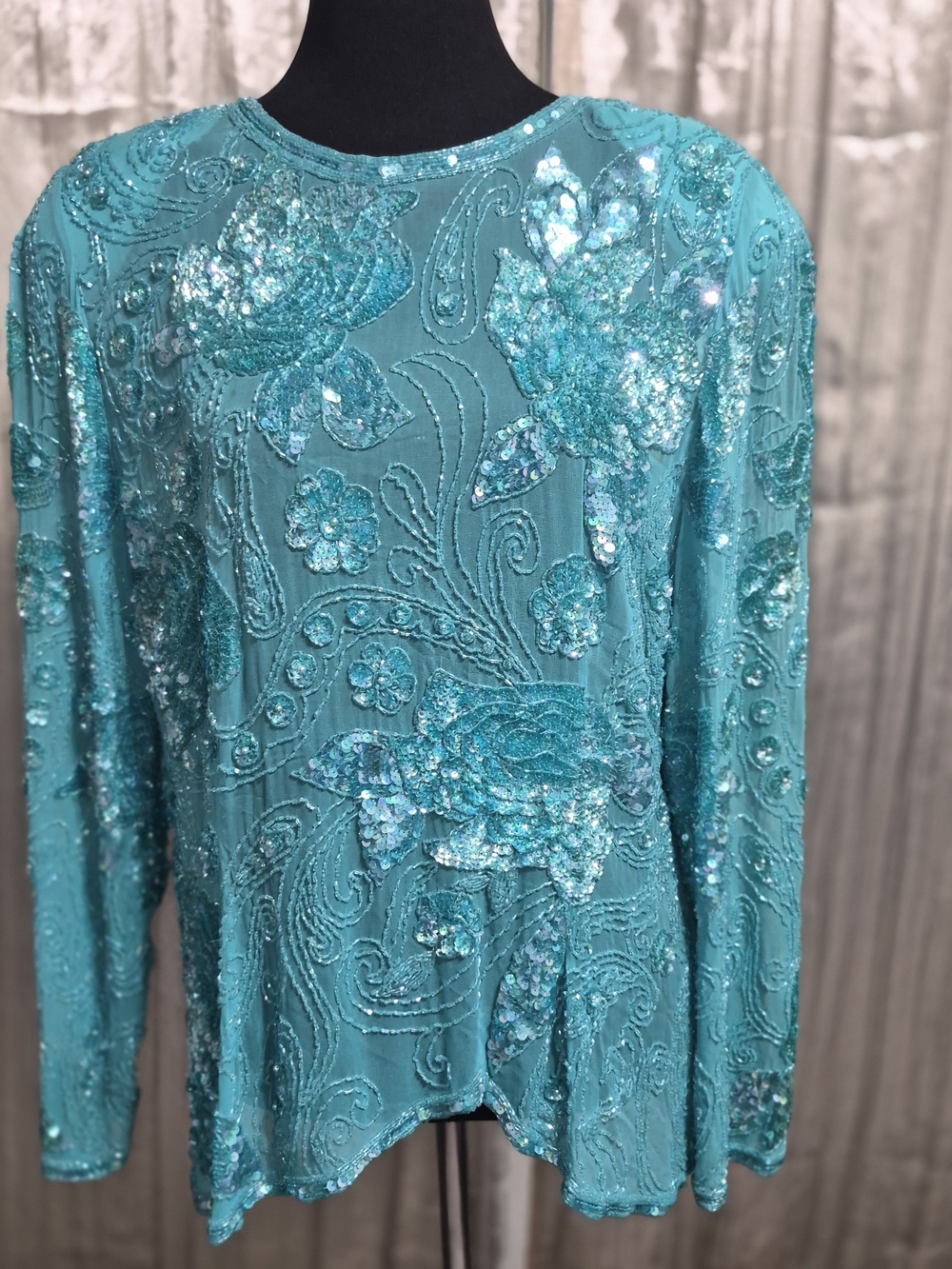 Vintage 80s Nite Line Sequin Top with Flower Beading - Long Sleeve